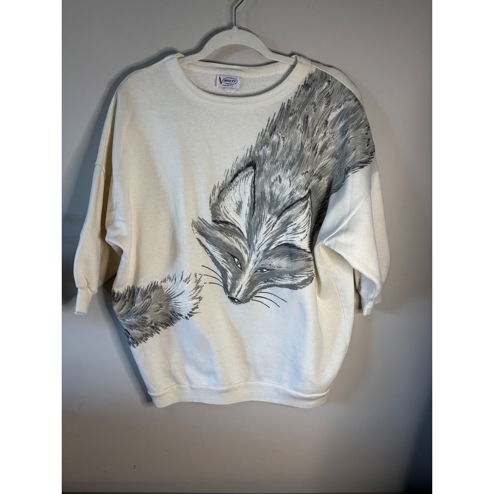 Vintage Variety Fox Graphic Sweatshirt Cream 3/4 Sleeve Made in USA One Size‎